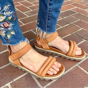 Cougar Nolo Sandals Cognac Brown Tan Leather Flatform Strappy Sawtooth Size 10